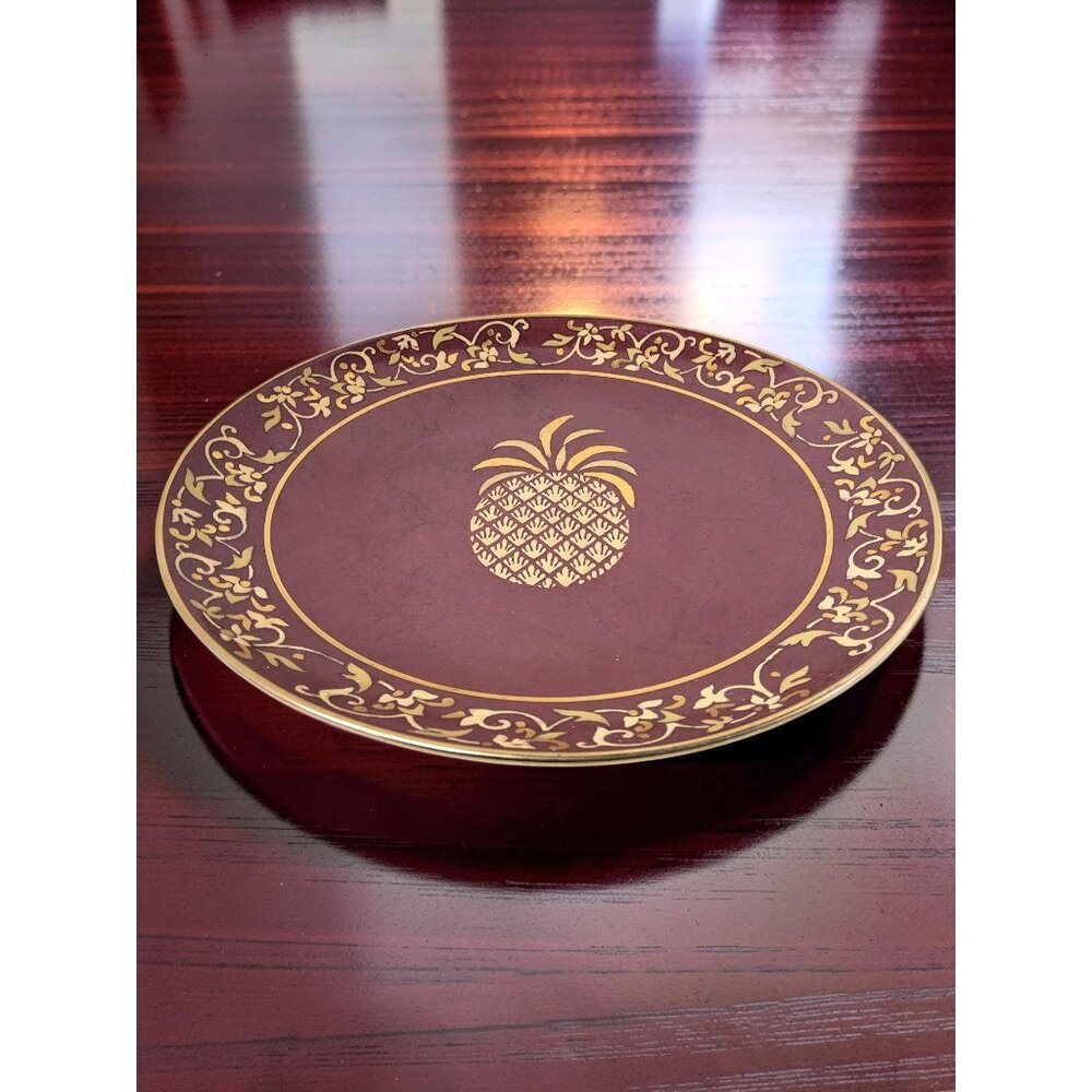 vintage Andrea By Sadek Red Burgundy Decorative Plate w/ Gold Pineapple
